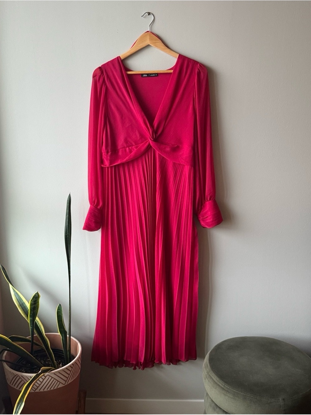 Zara Hot Pink Pleated Midi Dress with Twist Front